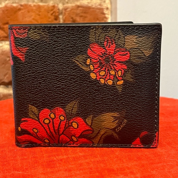 Coach Men’s Leather Bifold Wallet F32304 Black Tropical Floral Print Rare Auth. - Picture 1 of 16